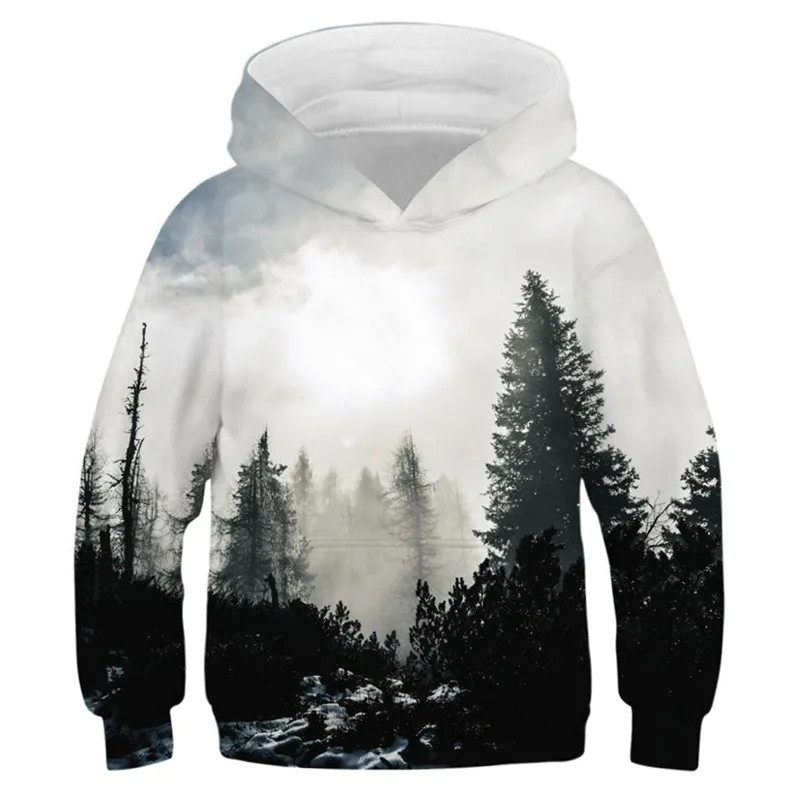Черно белые толстовки с 3D принтом леса для мальчиков и девочек подростков