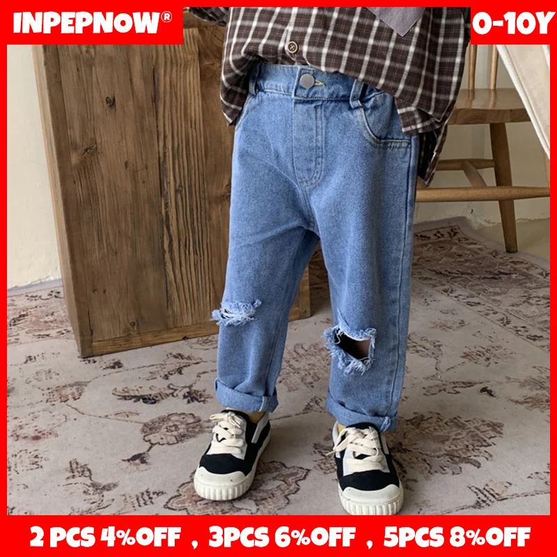 

INPEPNOW стильные джинсы с отверстиями для колена для мальчиков и девочек Гиннесс школьные брюки 2022 новые весенние хлопковые спортивные детски...