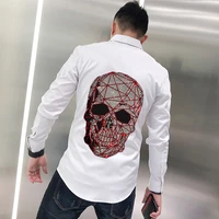 brand hot diamond skull style mens night market personality t shirt button business design long sleeve trend young