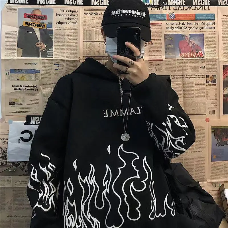 Kpop Black Dark Punk FLAMME Private Printed Hoodie Winter Plus Fleece Sweatshirt Oversize Harajuku Sports Outfit for Women Man