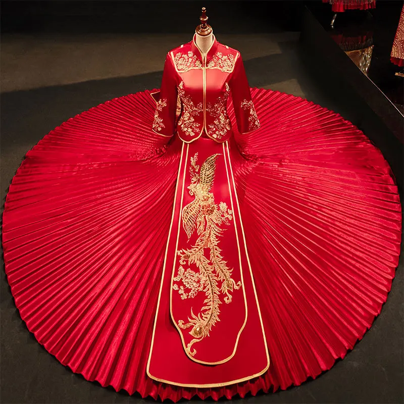 

Традиционное китайское свадебное платье, длинное платье с вышивкой дракона, Феникса, Ципао, Стильное элегантное винтажное платье невесты