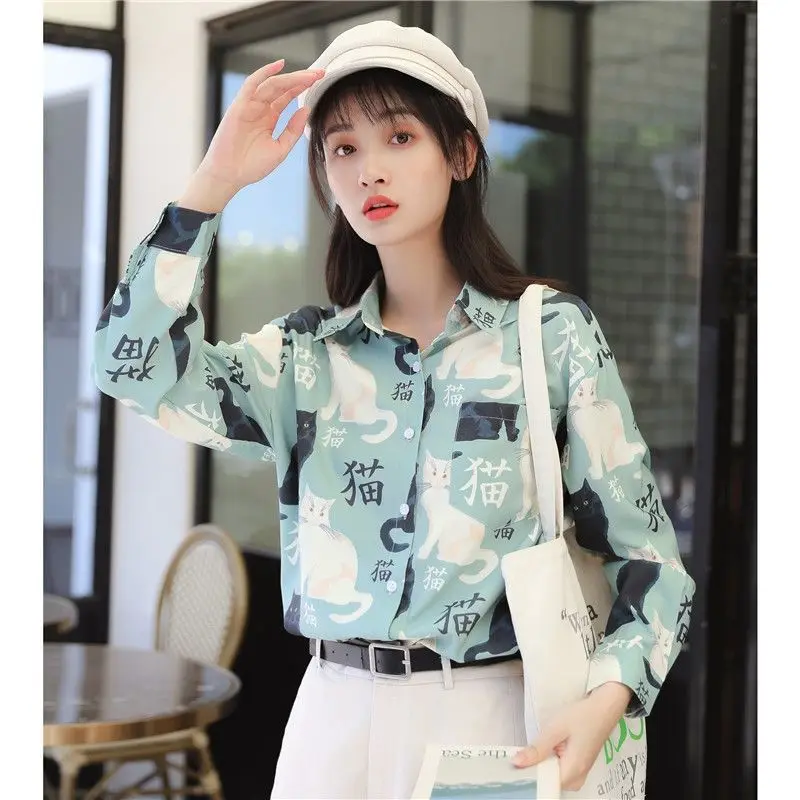 

Cat Print Long Sleeve Blouse Shirt for Women Ladies Girl Harajuku Clothes Korean Clothing
