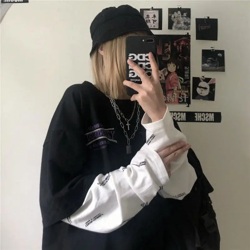 

Fake Two-piece Shirt Women Autumn New Korean Oversized Long-sleeved Female Streetwear Trend O-neck Letter Printing Stitching Top