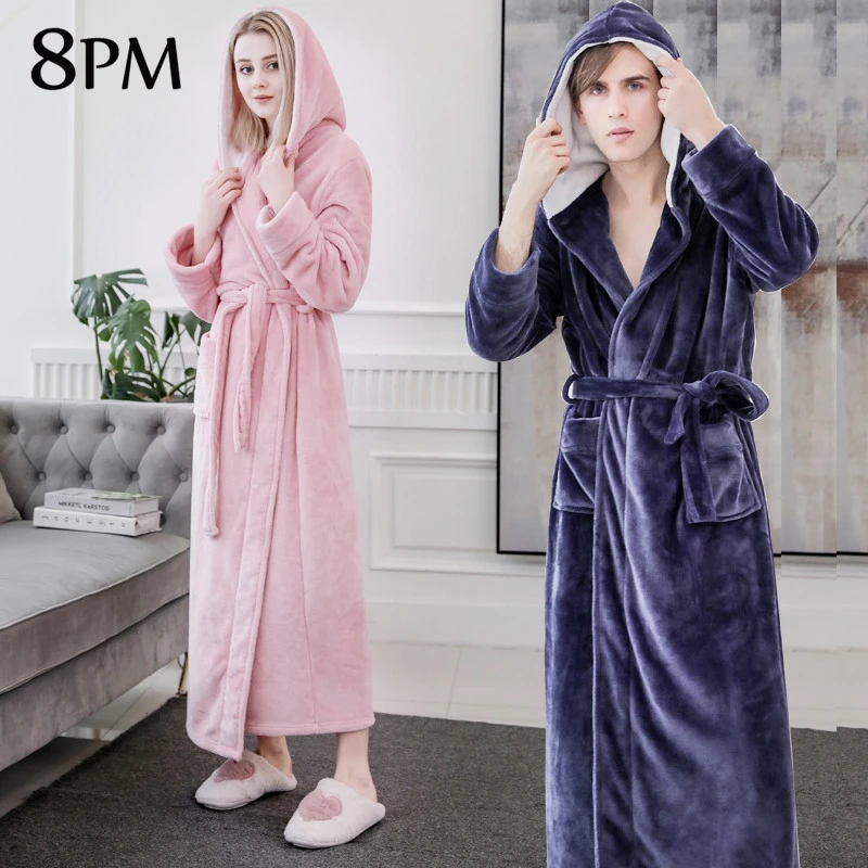 Женский зимний коралловый бархатный халат с капюшоном из чистого хлопка пижама