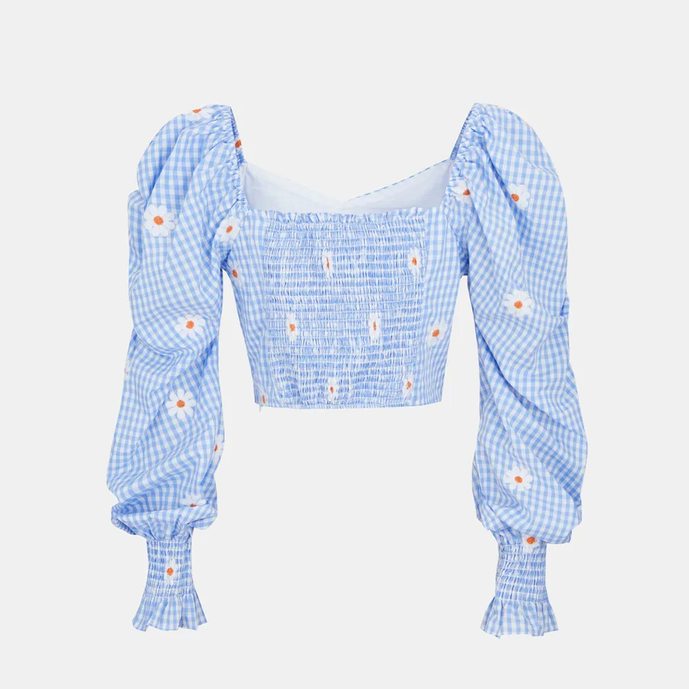 

2021 summer French bubble sleeve small fresh flower embroidered plaid short shirt for women