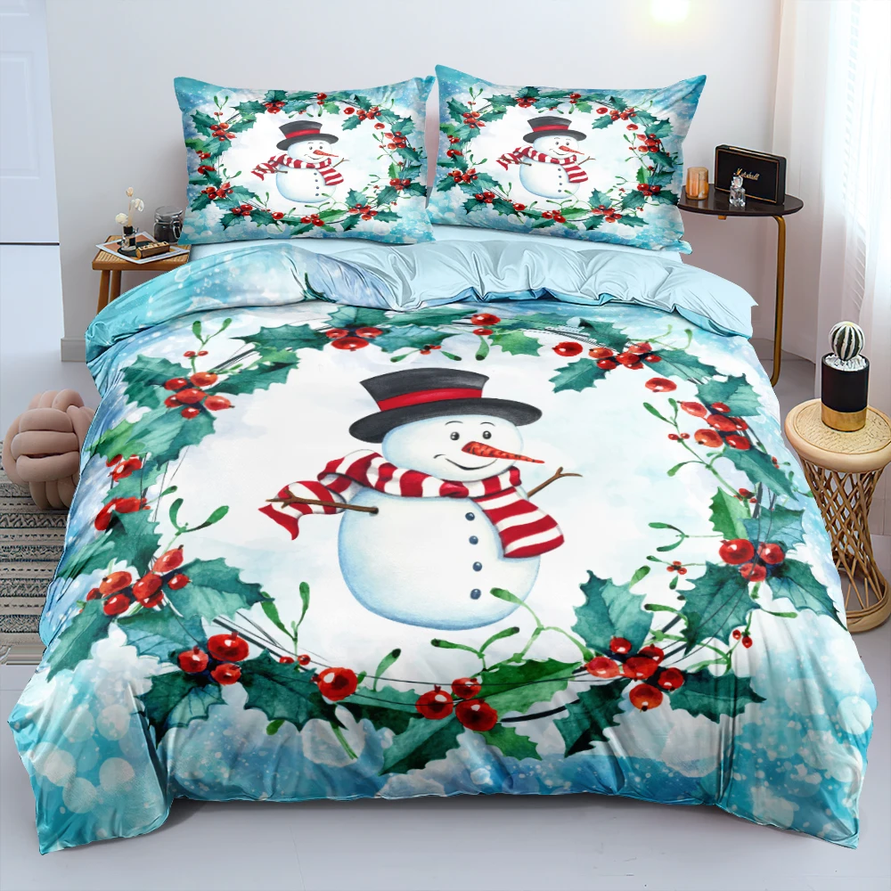 

3DDuvet Cover and Pillowcase(s) Light Blue Happy Snowman Quilt Covers Set Bedding Bag Sets 3-Piece Queen Bed Linen Bed Textiles