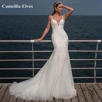sexy tulle mermaid lace wedding dresses for women spaghetti straps sweetheart bride gown bridal dress sweep train robe de mari%c3%a9e