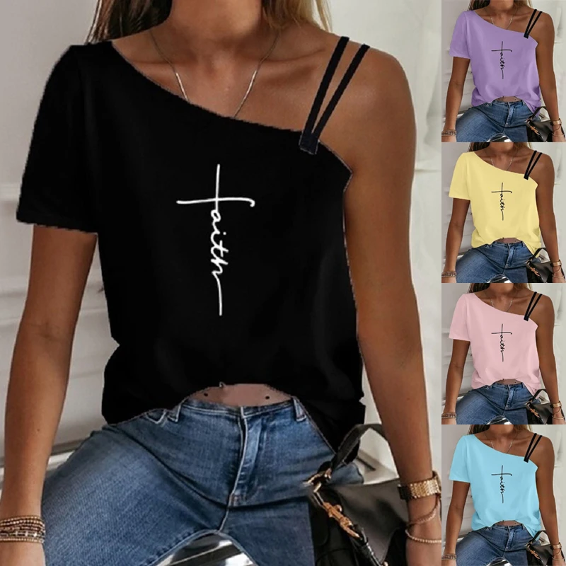 

Women Cotton Letter Strap T Shirt Sexy Leisure Girl Faith Cross Print Off The Shoulder Open Back Middle Sleeve Lady Irregular