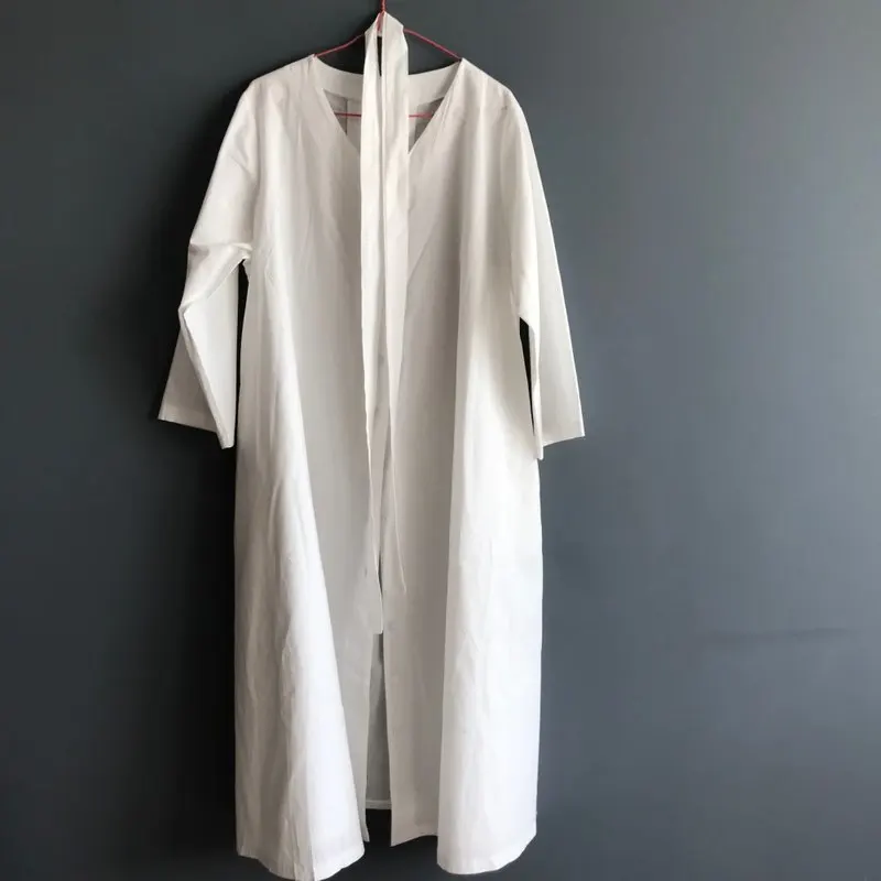 GOOHOJIO New 2020 Women Dresses Spring Summer Cotton and Linen Elegant Pleated Long White V Neck Lace Up Bow One Size | Женская одежда
