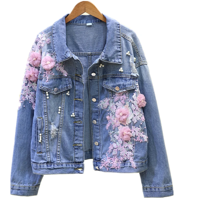 

2020 Flower Beading Pearl Long Sleeve Denim Jacket Top Quality Vintage Ripped Women Coat Chaqueta Mujer