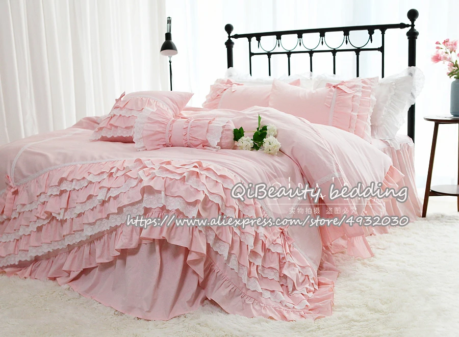 Элегантная однотонная бежевая кружевная юбка кровать с бантом хлопковая розовая