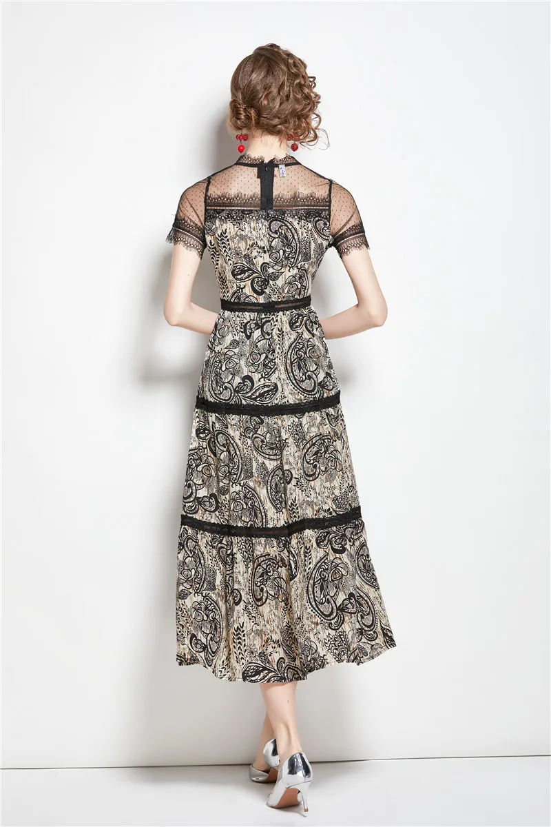 

Women Summer Designer Elegant Lace Patchwork Black Sexy Slim Cocktail Party Robe New Female Vintage Mesh Print Dress Vestidos