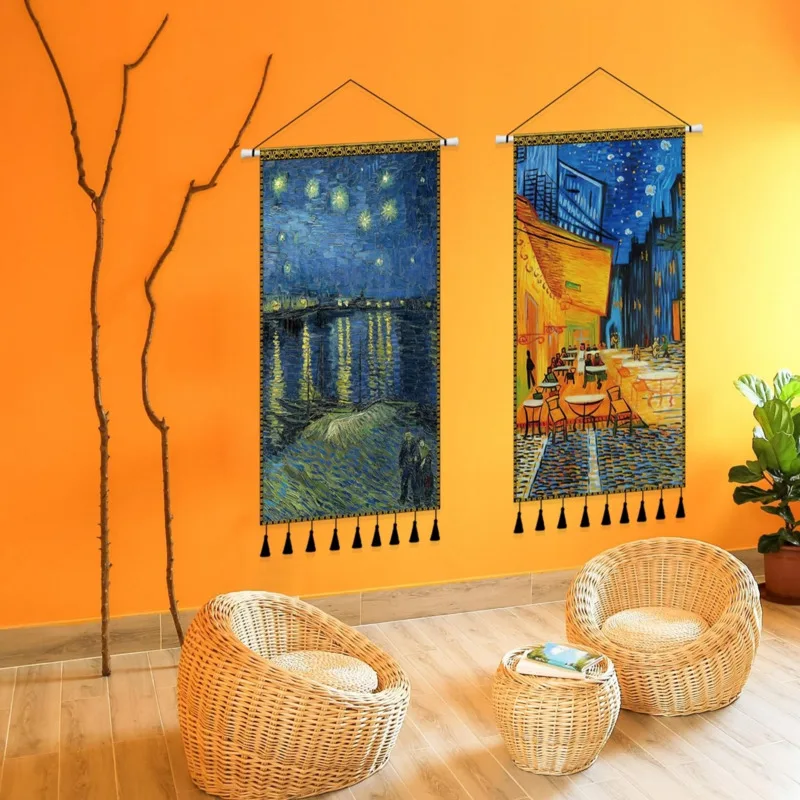 Tapiz colgante con pintura al &oacute;leo de Van Gogh, cubierta de pared con borlas hechas a mano, manta de tela, accesorios de decoraci&oacute;n para el hogar-4