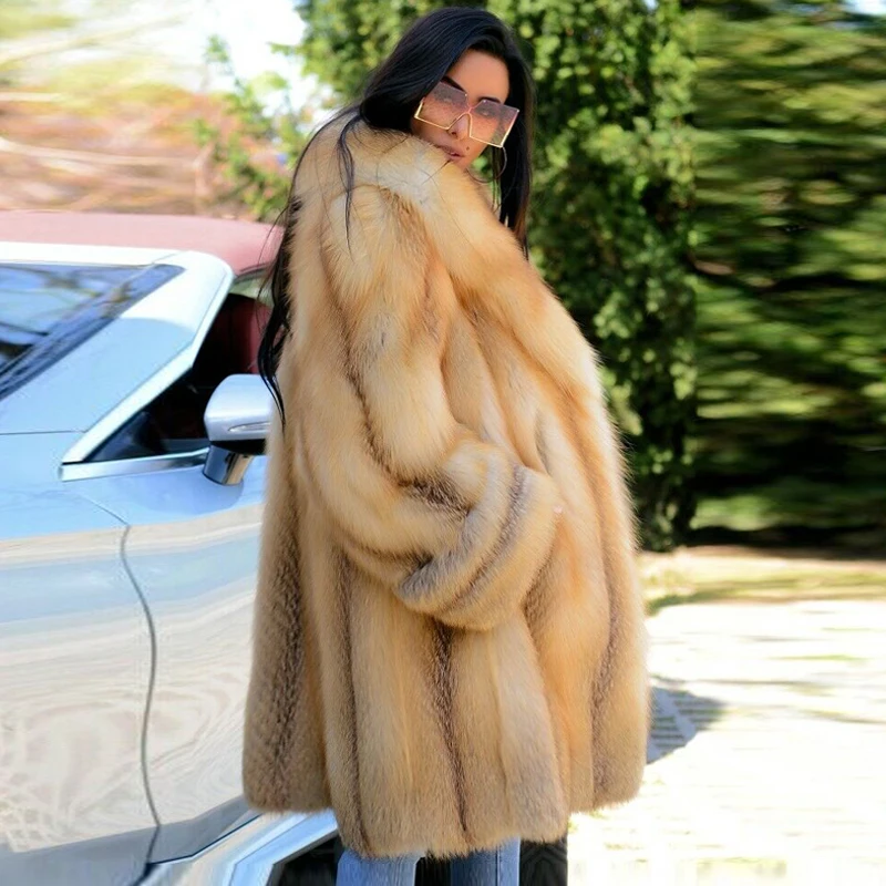 Fashion Genuine Fox Fur Jacket Long With Lapel Collar Whole Skin Natural Fox Fur Coats For Women Luxury Overcoat Russian Winter