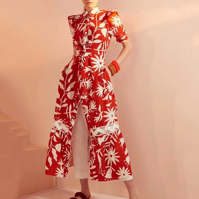 

MSXU 2021 Floral Print Women Party Dress Fashion Stand Collar Long Sleeve Button Dress Fashion Spaghetti Vestidos