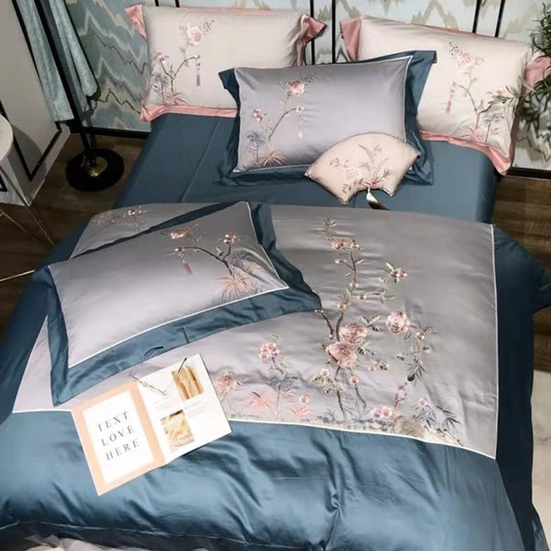 Chic Chinoiserie style Flowers Embroidered Gray Blue Duvet Cover set 600TC Egyptian Cotton 4Pcs Bedding Bed Sheet Pillowcase | Дом и сад