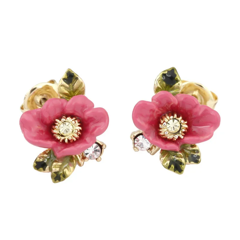 

European and American New Product Classic Garden Series Red Flower Blooming Stud Earrings Enamel Colored Glaze Earrings Jewelry