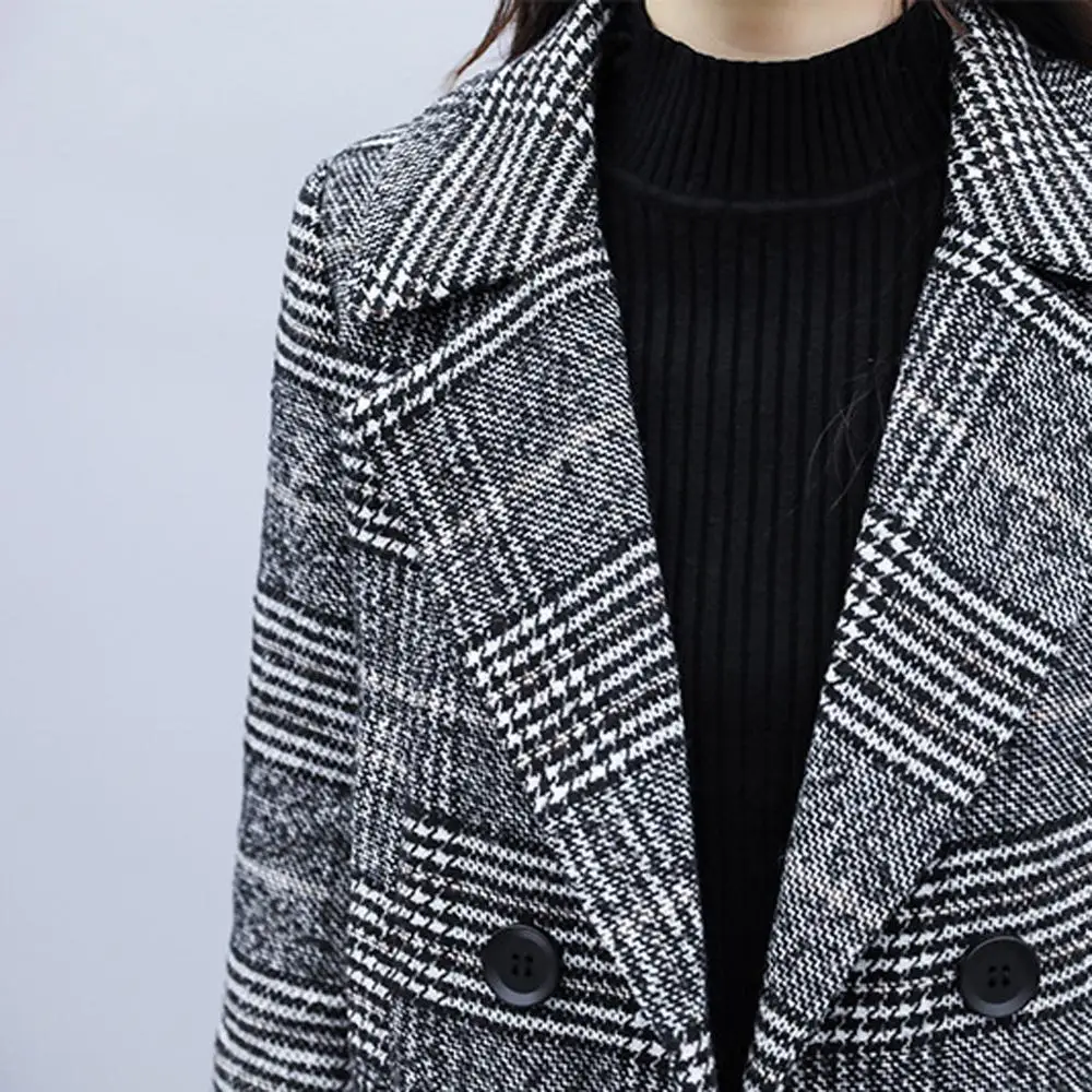 

2019 Coat Women Wool Fashion Autumn Winter Fashion Vintage Plaid Lapel Button Pocket Plus Size Overcoat Cashmere Woolen Coat