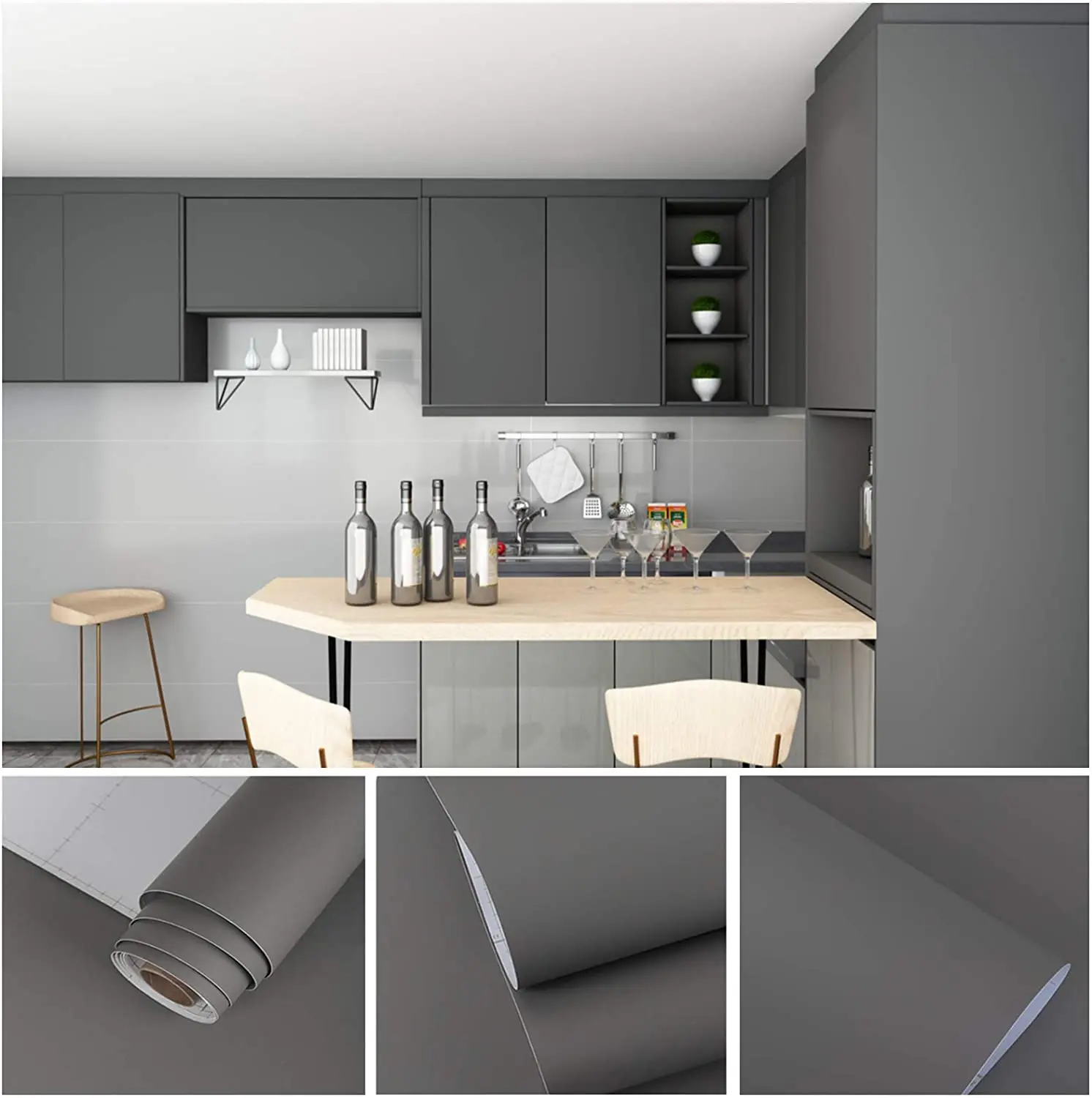 

Съемная серая контактная бумага для очистки и приклеивания, водостойкая и маслостойкая настенная бумага для кухонных столешниц, самоклеящ...