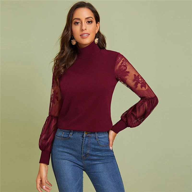 SHEIN Однотонный Топ С Прозрачными Рукавами Сексуальная Блузка С Ажурными Рукавами