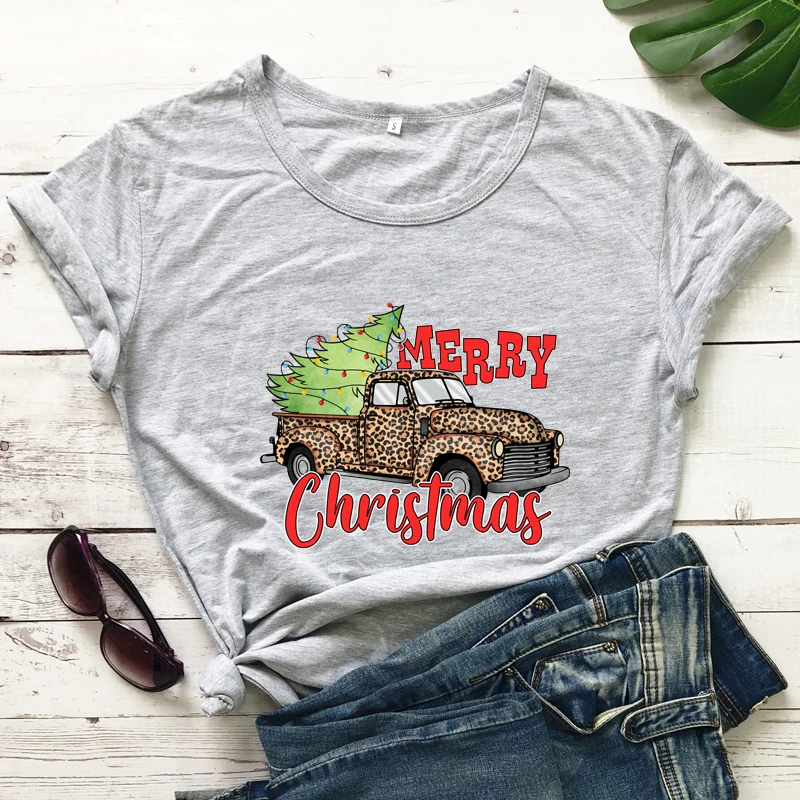 

Colored Merry Christmas Leopard Truck T-shirt Vintage Women Winter Short Sleeve Graphic Xmas Tee Shirt Top