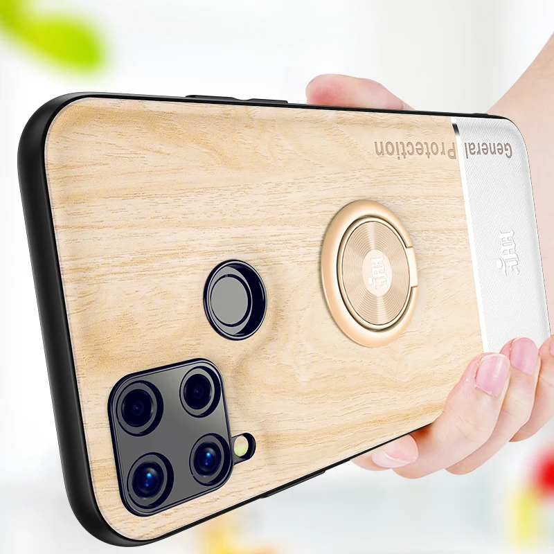 for oppo realme c15 12 v5 adsorption ring bracket cover cases bionic wood grain splicing phone case free global shipping