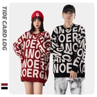 tide card log autumn and winter new warmth and thick ins tide brand letters off the shoulder round neck knitted couple sweater