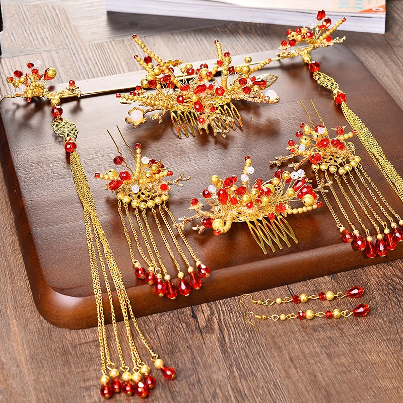 Традиционный китайский головной убор NiuShuya для невесты заколки волос свадебная