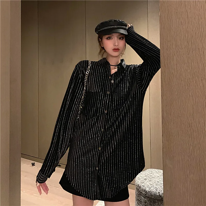 

shirt korean fashion clothing striped turn-down collar single breasted casual style womens tops and blouses blusas mujer de moda