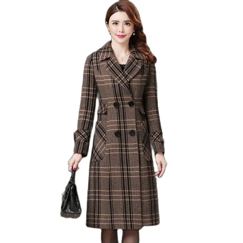 

High-Quality Houndstooth Women Woolen Coat New Spring Autumn Double Breasted Check Long Windbreaker Blended Wool Outerwear Coat