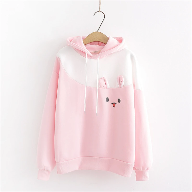 

Merry Pretty Women Cartoon Rabbit Embroidery With Ears On Hooded Tracksuit 2021 Winter Plus Velvet Harajuku Hoodies Sweatshirts