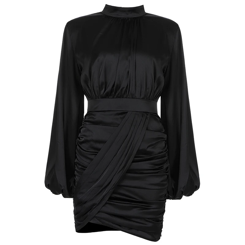 

Beateen Sexy Turtleneck Lantern Sleeve Slim Waist Ruched Mini Dress 2019 Winter New Fashion Women Nightclub Satin Vestidos