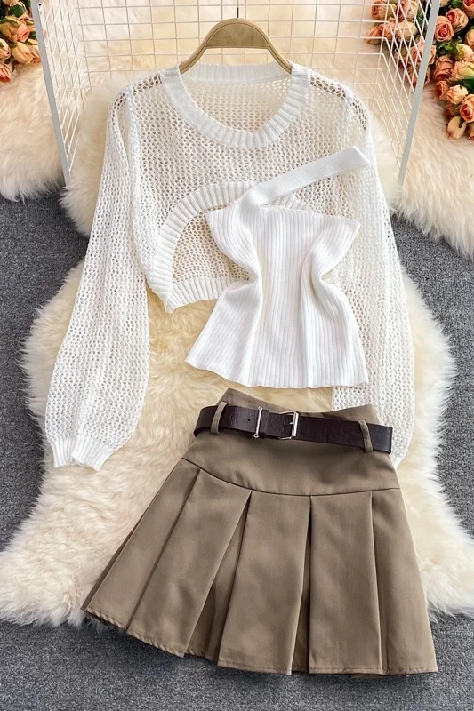 

Girl Hollow Out Long Sleeve Knitted Sunscreen Blouse + Spaghetti Strap Vest High Waist Pleated Skirt Three Piece Suits