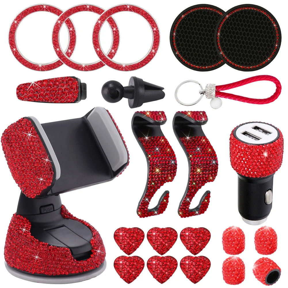 

21PCS Bling Car Interior for Unisex Rhinestone Kit Dual USB Car Charger Phone Mount Tire Valve Cap Glass Cup Pad Backseat Hook