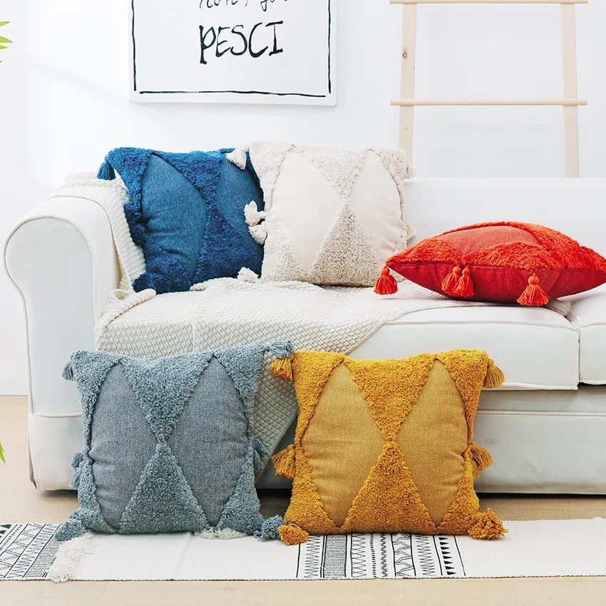 

Дизайн с пуговицами подушка с кисточками наволочка марокканский Стиль ручной работы с геометрическим принтом, накидка для подушки, твердые...