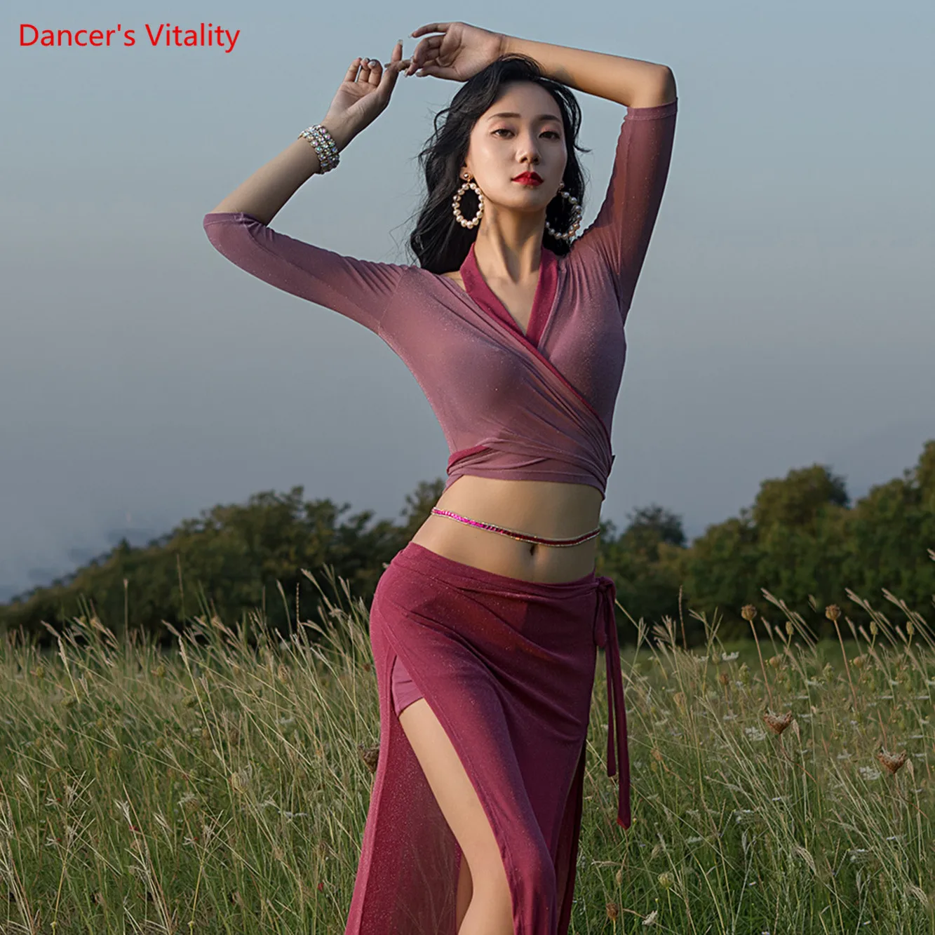 

Hot Sale Sexy Transparent Mesh Dancwear 2 Piece Belly Dance Team Skirt Practice Lady's Dance Clothes Summer Loose Hot Sale