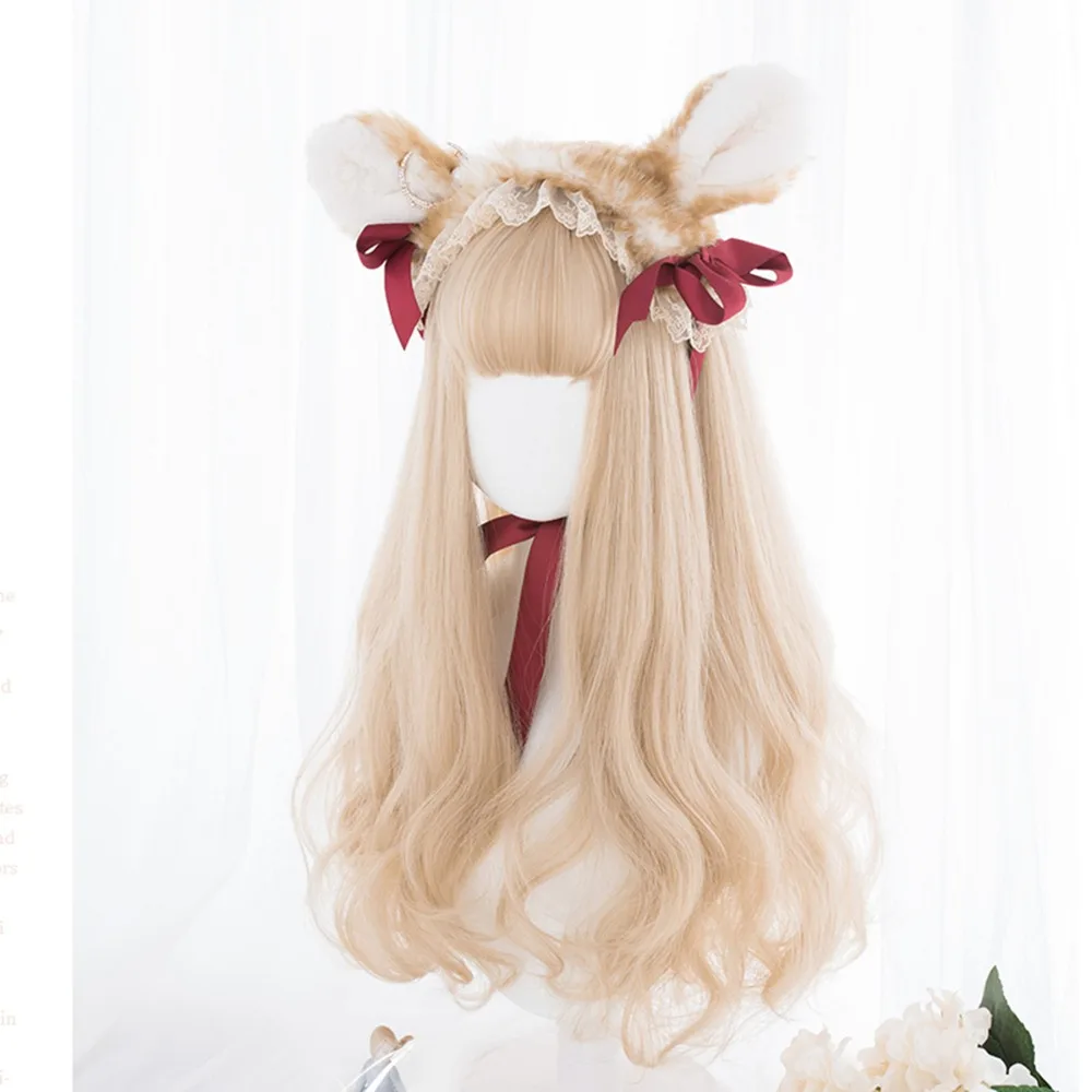 

Cosplay70CM Lolita Long Wavy Mix Beige Blonde Ombre Bang Cute Party Prom Fancy Synthetic Heat Resistant Cosplay Wig