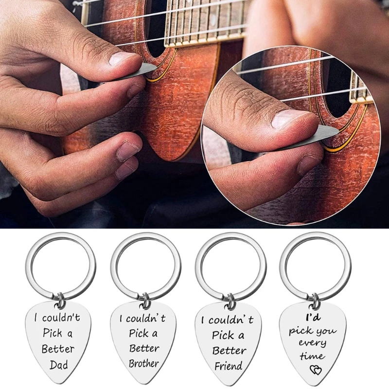 

124F Metal Ukulele Picks Pendant Keychain with Ring Letters Carved Guitar Picks Bass Mediator Acoustic Guitar Accessories