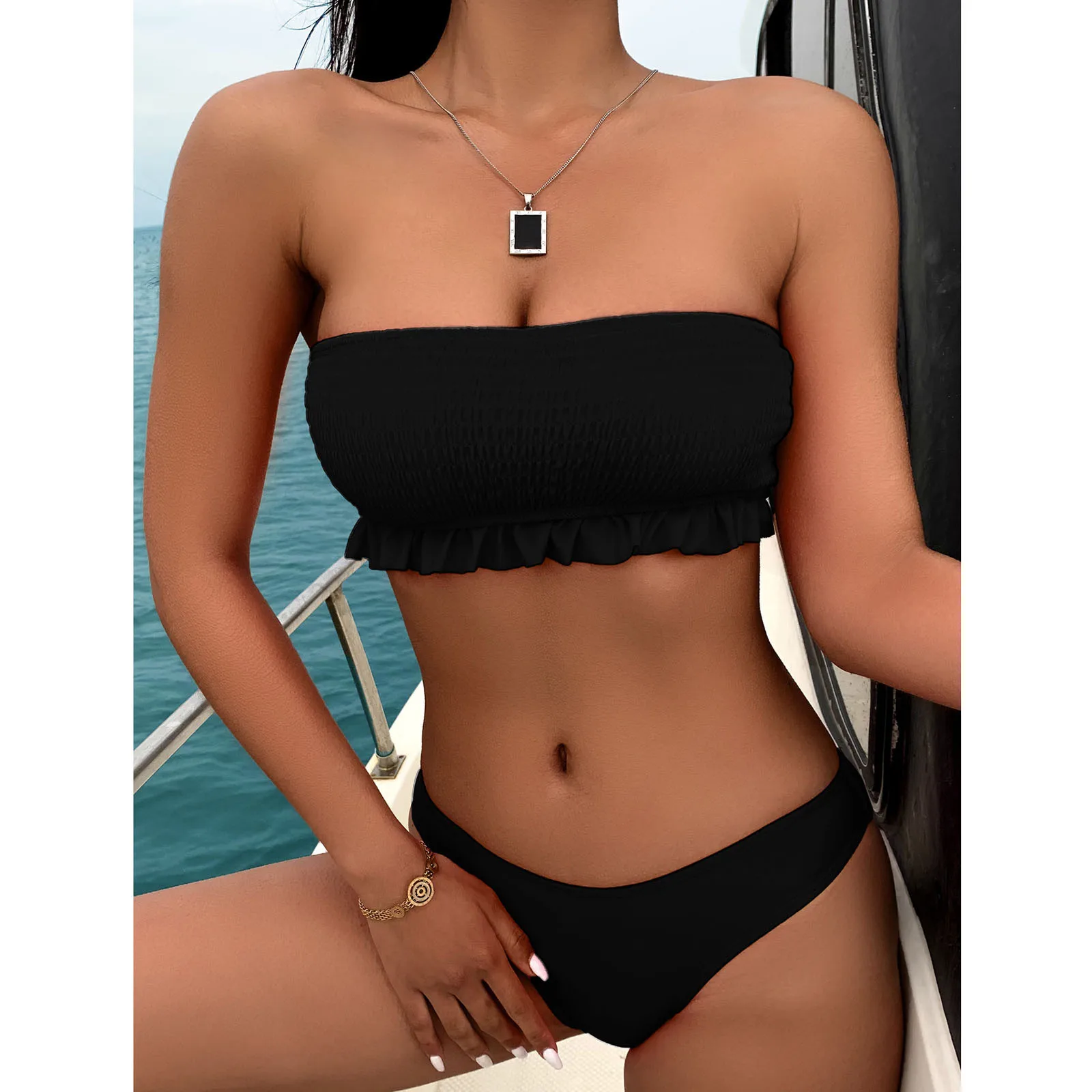 2021 однотонное бикини с низкой талией без бретелек пикантный комплект женский