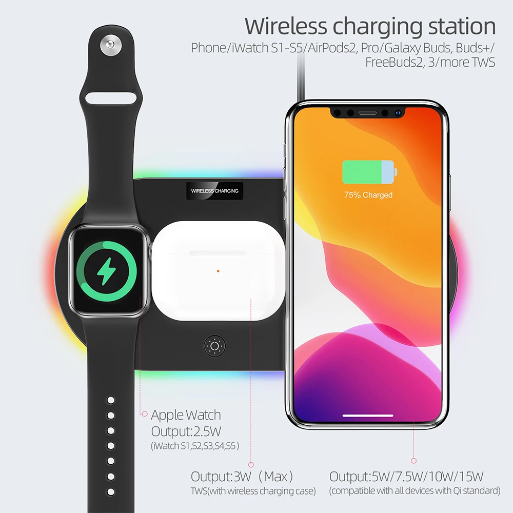 

3 in 1Qi10W Fast Charge 3 in 1 Wireless Charger For iPhone for Samsung Buds Apple Watch 4 3 2 For Airpods Pro Charger Stand