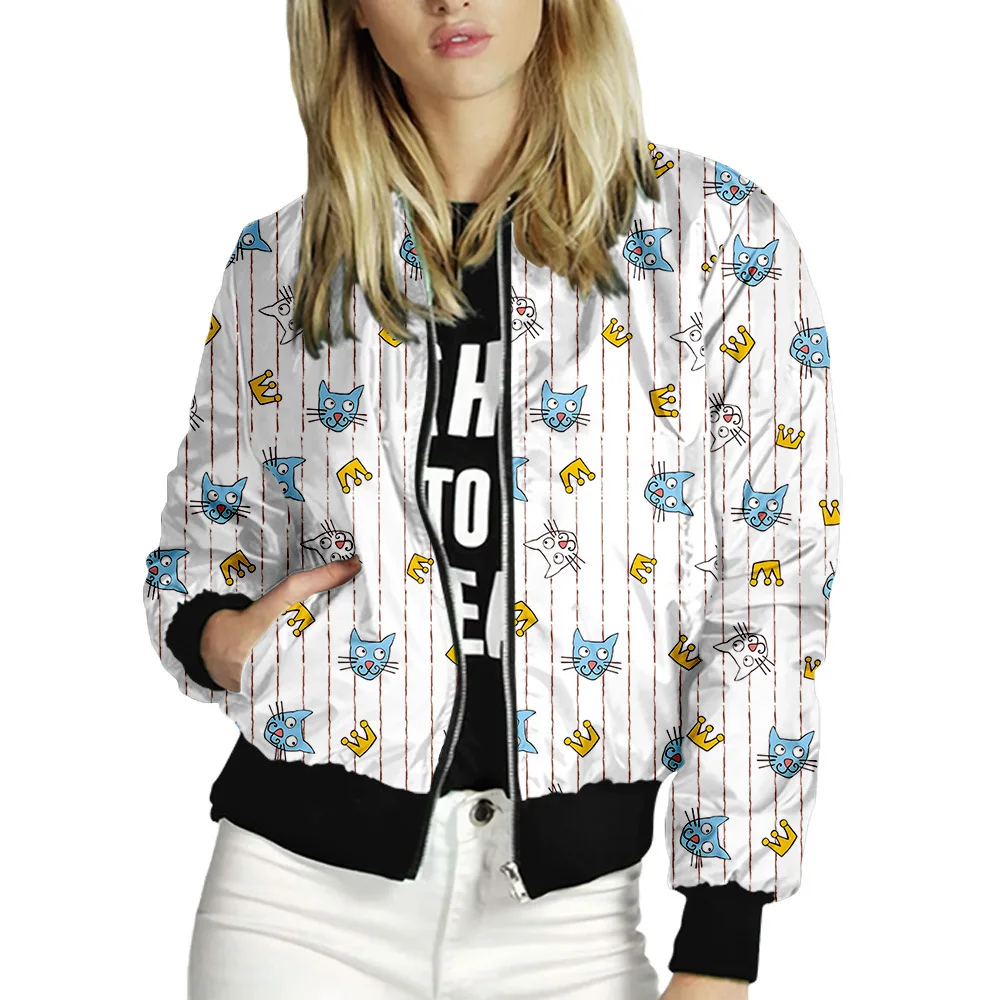

Baseball uniform Jackets Women's stand-up collar Short Slim Coat Cartoon Cat Print Spring Autumn Veste baseball oversized jacket