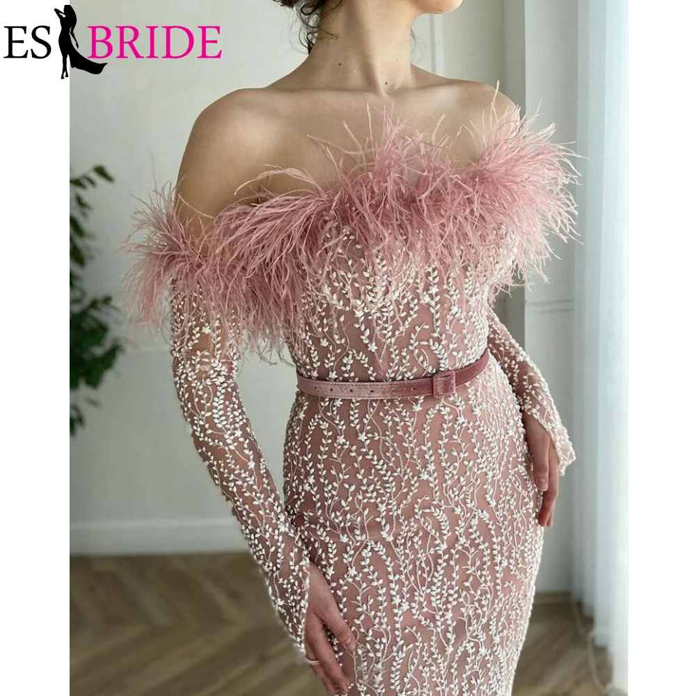 

Женское вечернее платье-Русалка с открытыми плечами, длинное розовое стрейчевое платье с перьями для выпускного вечера, платье горничной