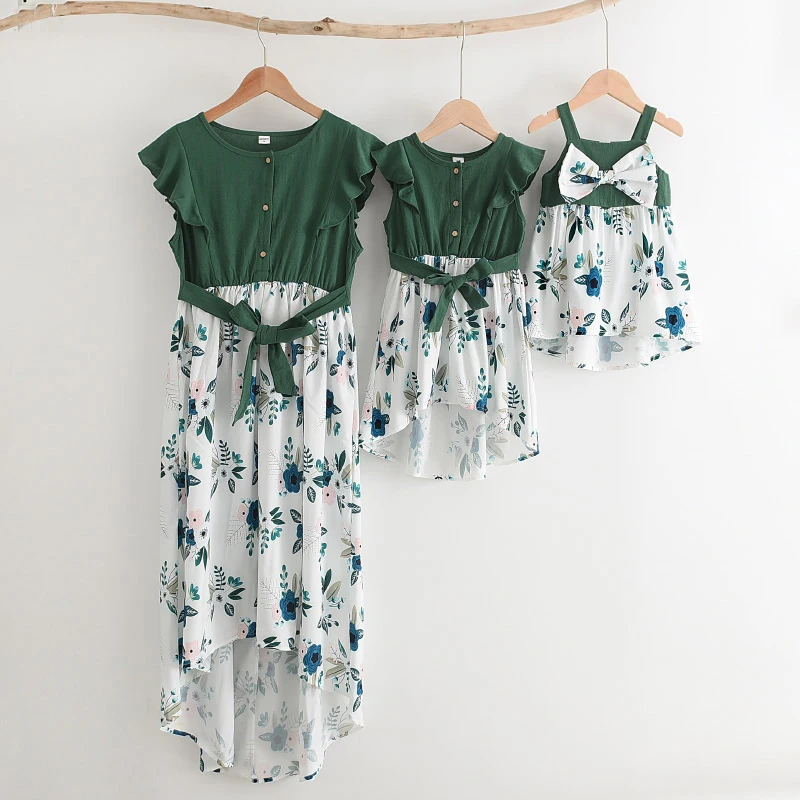 

Keelorn Family Matching Outfits 2021 Fashion Girls Patchwork Dress Kids Flowers Costumes Mother And Daughter Casual Clohting
