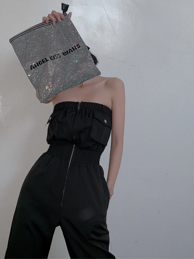 Черный элегантный офисный женский однотонный комбинезон без рукавов с открытыми