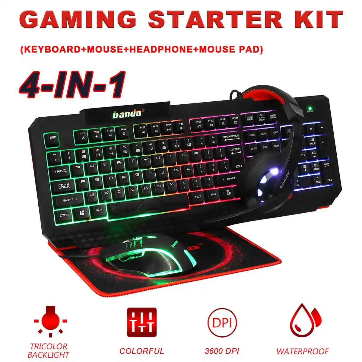 

NEW 4PCS Gaming Keyboard Mechanical Feeling Backlit Keyboards USB 64 Keycaps Keyboard Waterproof Computer Game Keyboards