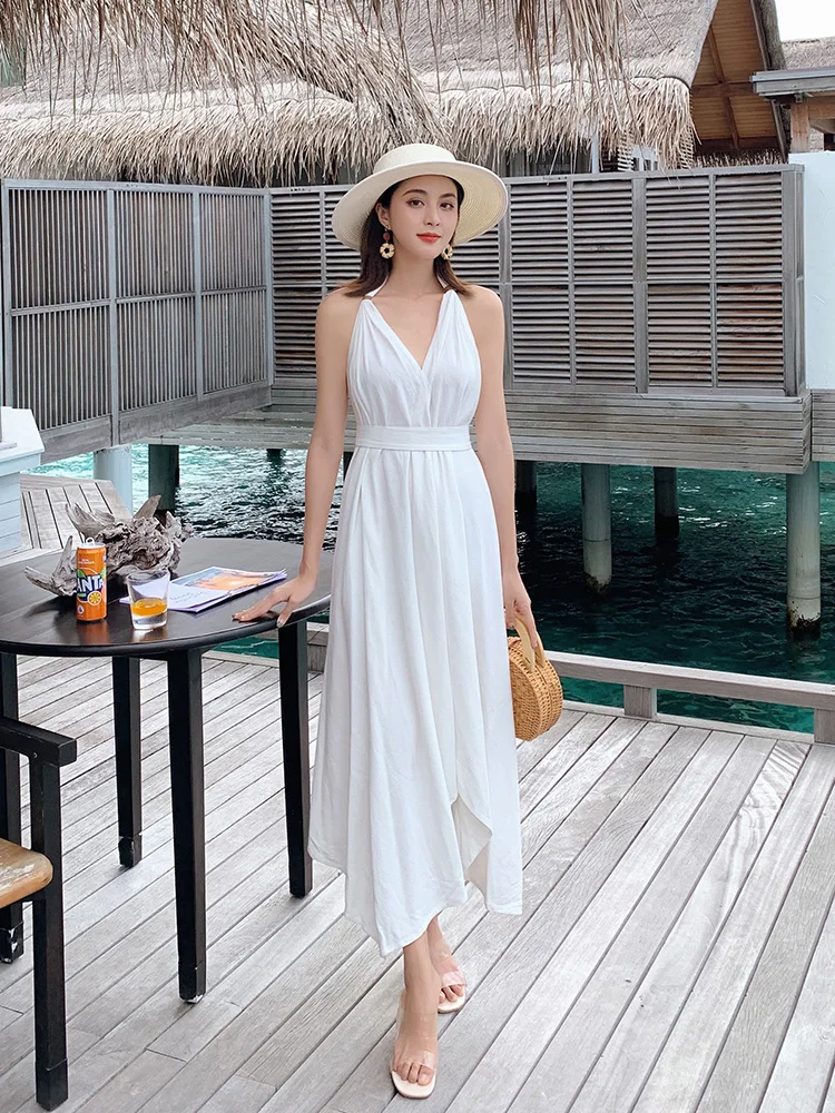 

Holiday Dress Super Fire White Beach Skirt Open Back Sexy Neck Dress Woman