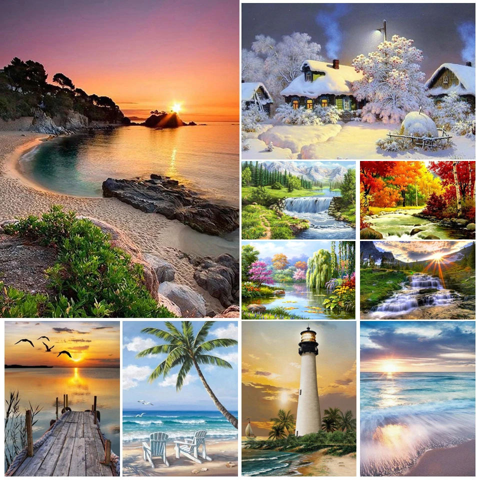

DIY 5D Diamond Painting Landscape Sunset Beach Waterfall Kit Full Drill Embroidery Mosaic Art Picture of Rhinestones Home Decor