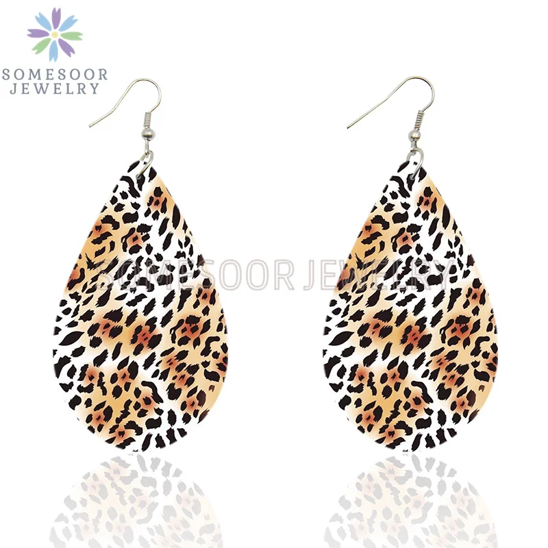 

SOMESOOR Animal Skin Pattern Leopard Wooden Drop Earrings Tiger Snake Giraffe Zebra Printed Teardrop Dangle Jewelry For Women