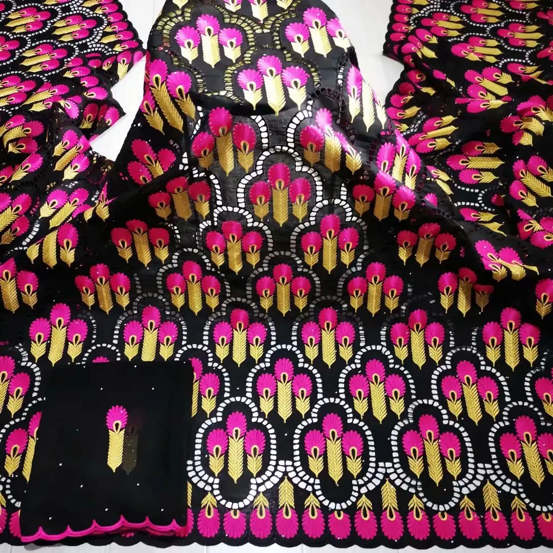 

African Swiss Cotton Lace Fabric With Scarf 5+2yards Soft Embroidery Dry Voile Lace Punch Materials For Party Dresses Y14-13