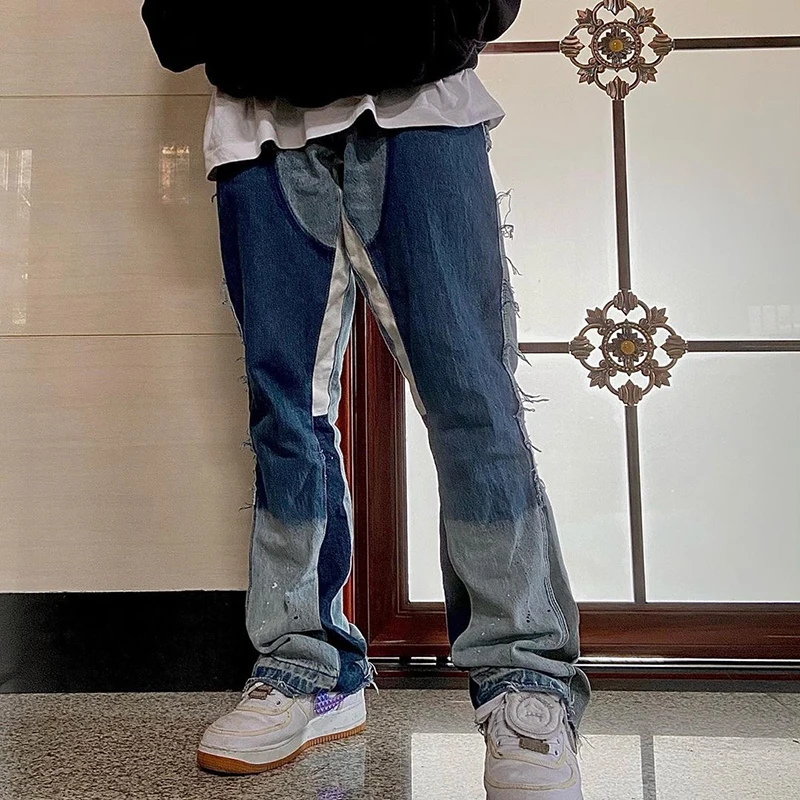 

Color Block Spliced Washed Jeans Streetwear Mens Oversize Wide Leg Straight Denim Flare Pants Retro Loose Casual Trousers